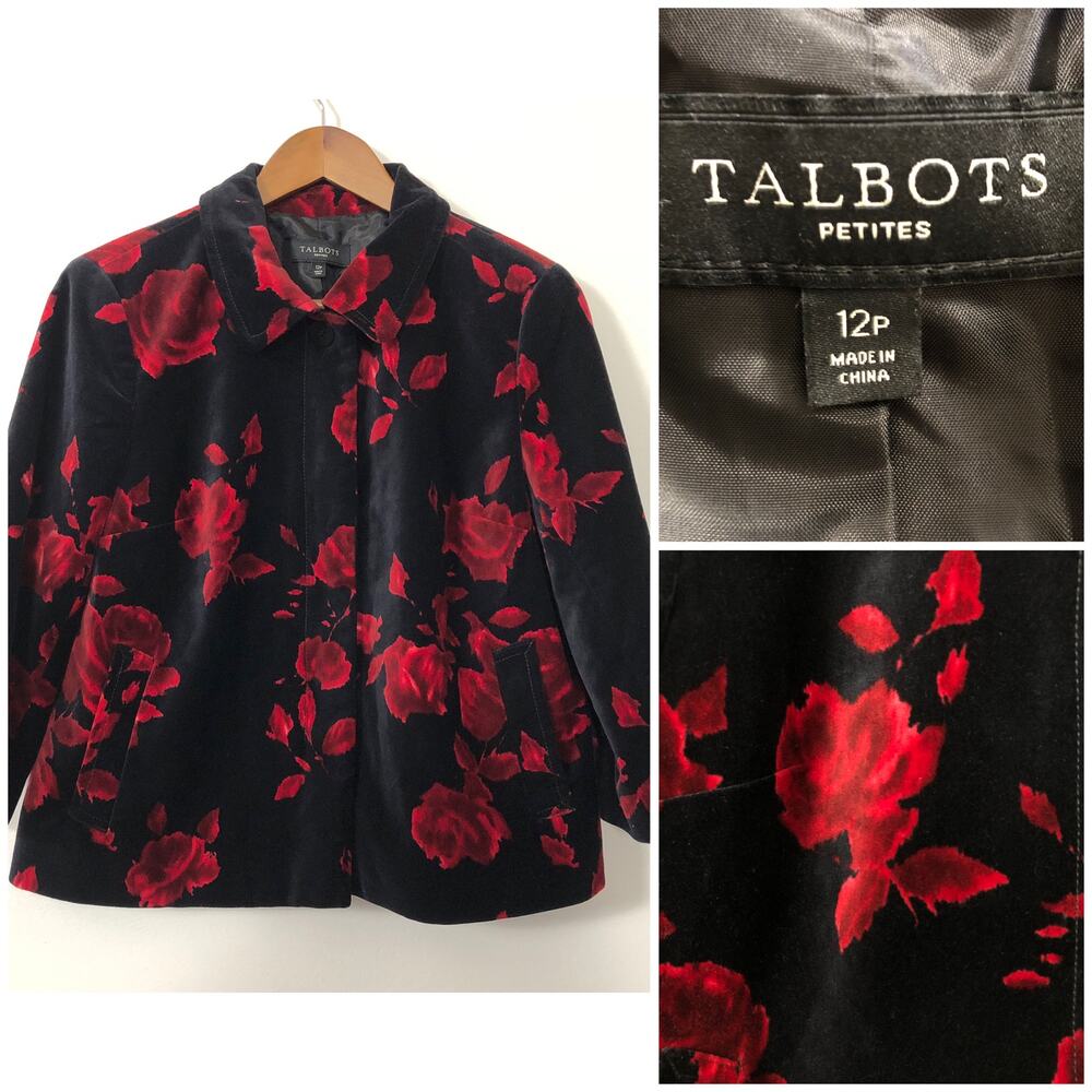 Talbots Floral Velvet Jacket Black‎ Red Rose 12P Dark Romantic Gothic Blazer